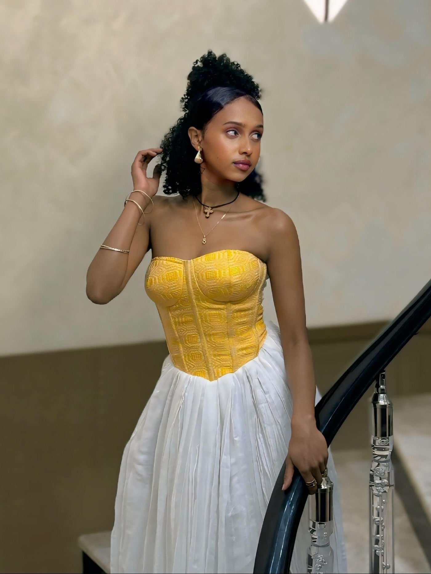 Radiant Yellow Bodice Habesha Dress Strapless Design and Flowing White Habesha Kemis Ethiopian Dress 855