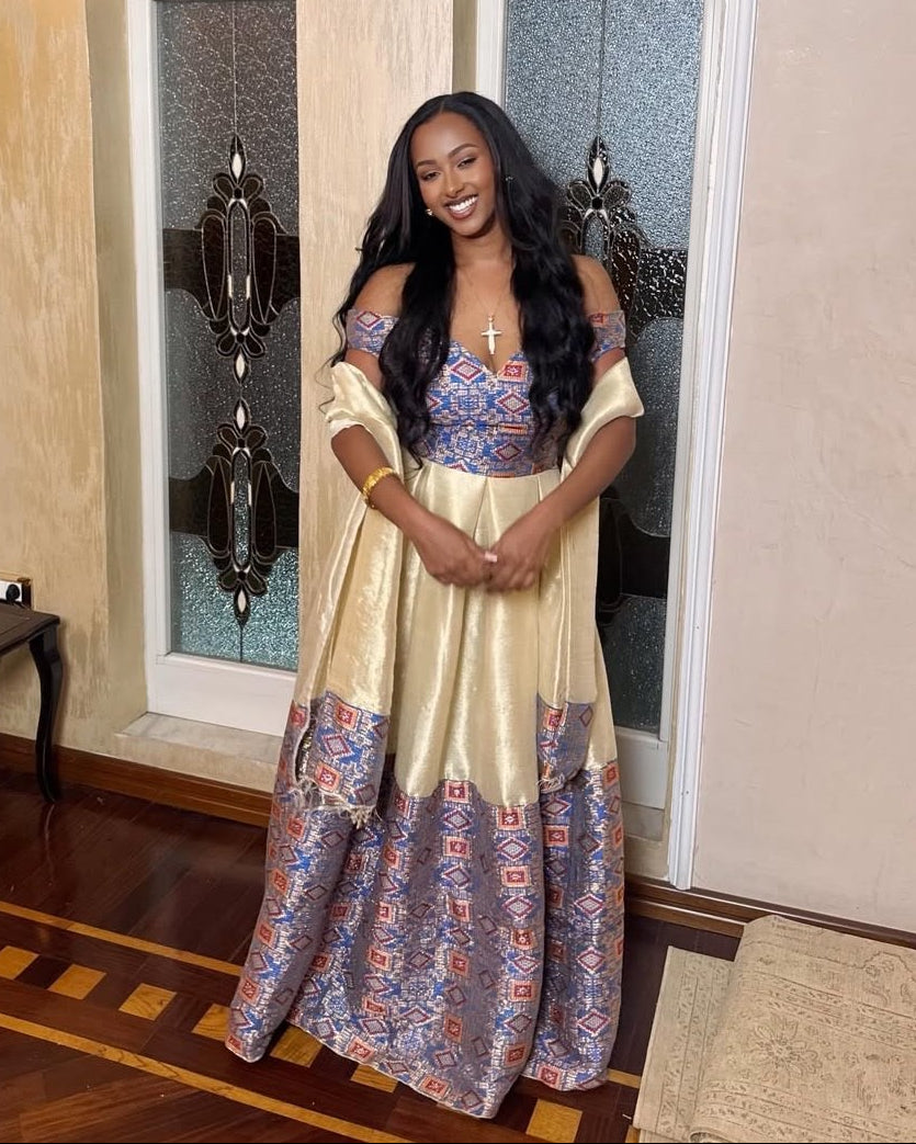 Lustrous Gold and Multicolor Woven Habesha Dress Off-Shoulder Ethiopian Dress Habesha Kemis 856