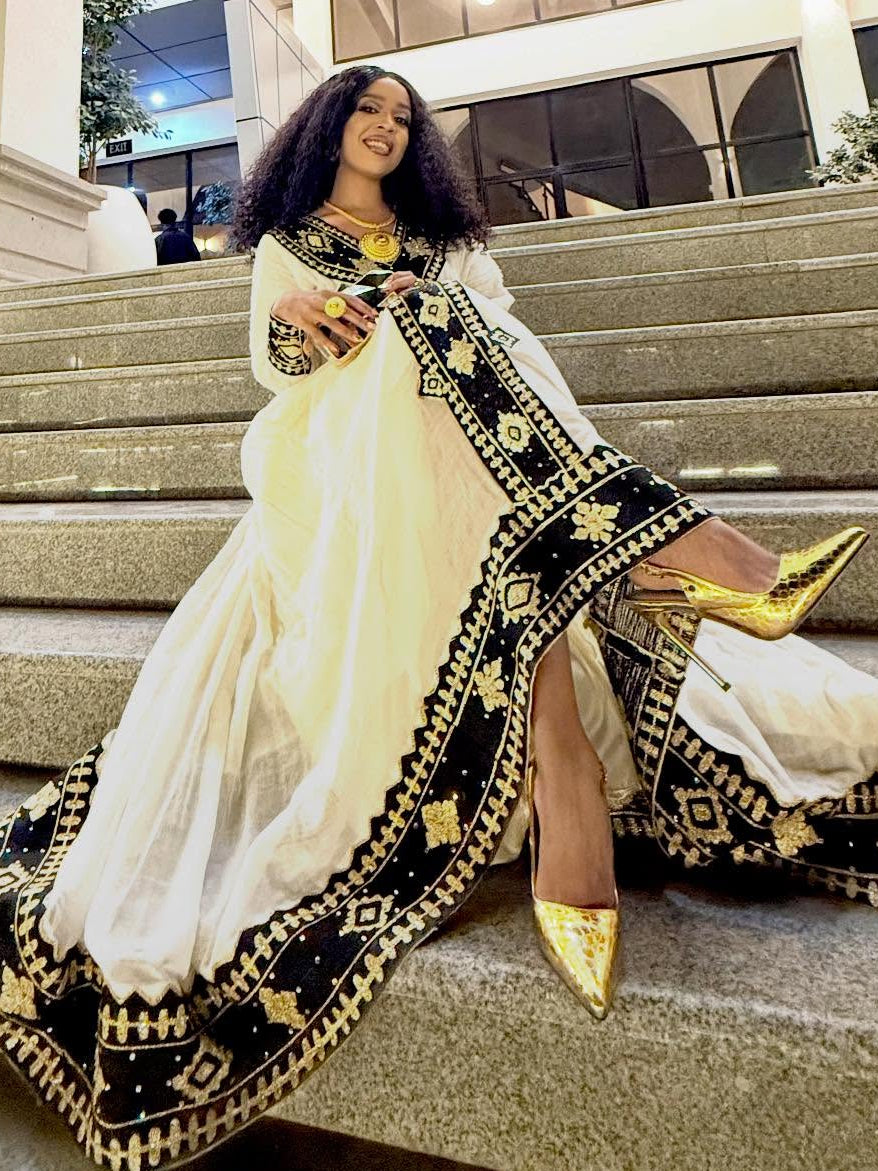 Black and Gold Habesha Dress Elegant Ethiopian Traditional Dress XXL