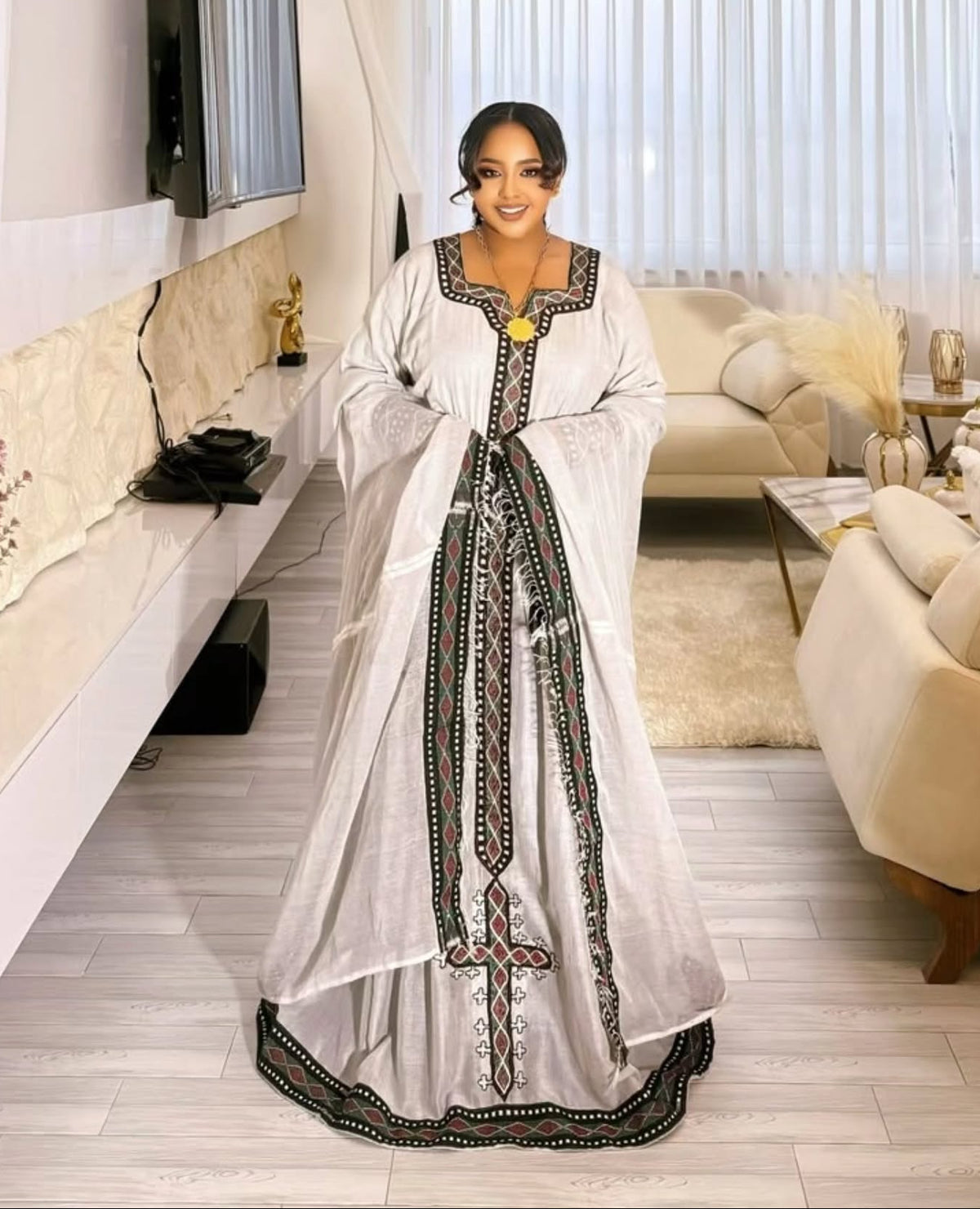 Royal Silver Habesha Dress Traditional Cross Motifs Habesha Kemis Charming Ethiopian Clothing 866