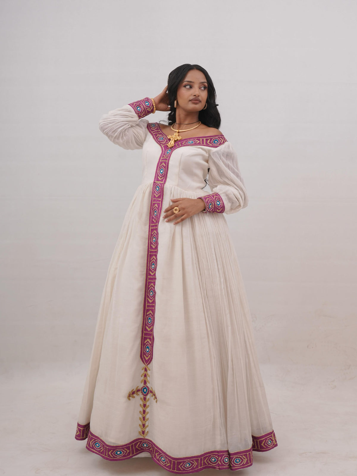 Orchid Embroidered Habesha Kemis Traditional Ethiopian Dress