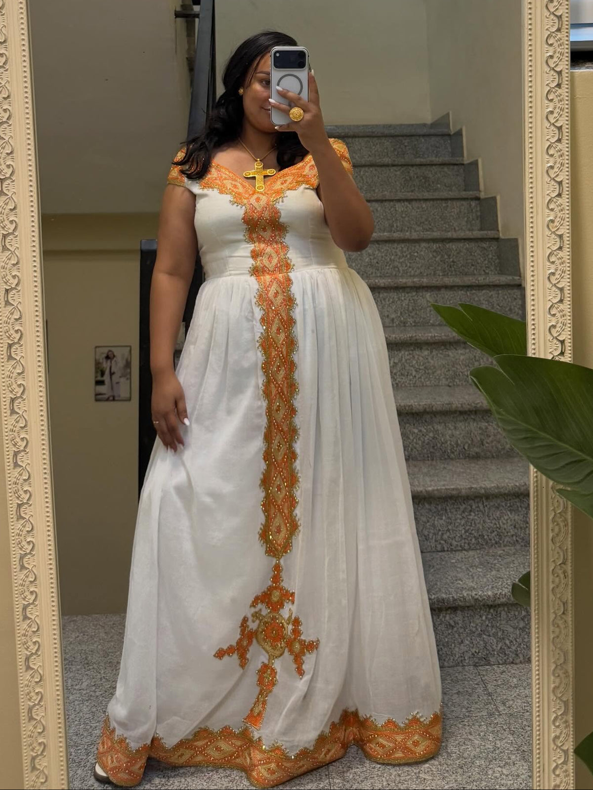 Radiant Orange Habesha Kemis Ethiopian And Eritrean Dress Short Sleeve Habesha Dress 881