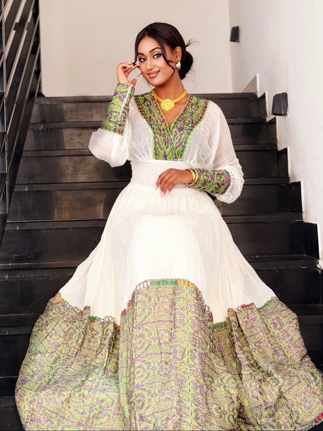 Stylish Long Sleeve Habesha Dress Green Woven Border Habesha Kemis Ethiopian Dress For Events 900
