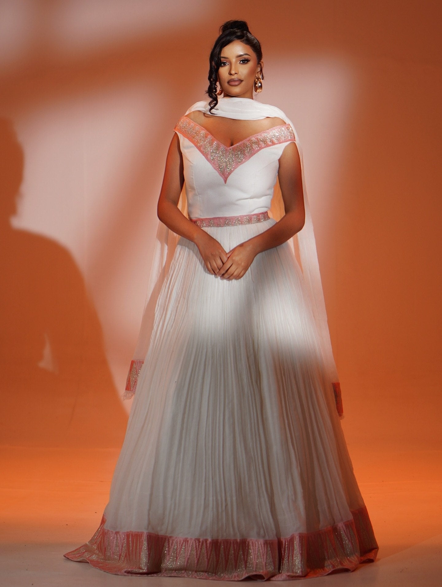 Off-Shoulder Habesha Dress Pink & Silver Embroidery Ethiopian Clothing Graceful Habesha Kemis 907