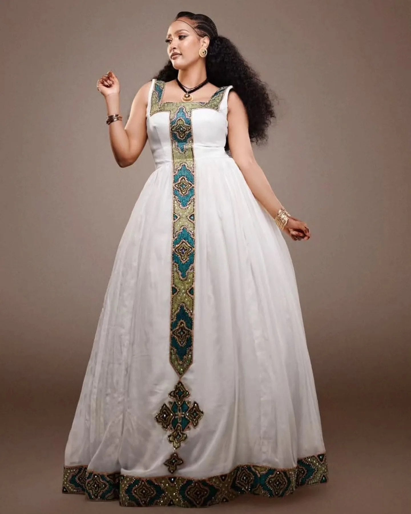 Royal Emerald Habesha Kemis Handcrafted Traditional Ethiopian Dress Sleeveless Habesha Dress 911