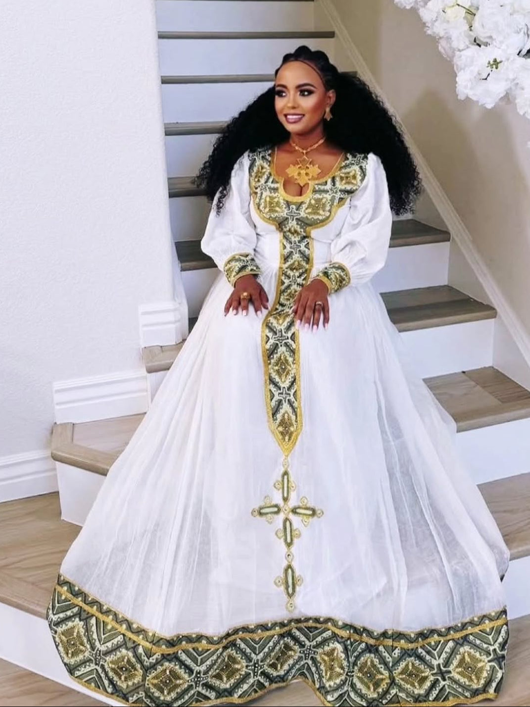 Luxury Olive Gold Habesha Traditional Dress Elegant Ethiopian Dress Long Sleeve Habesha Kemis 912