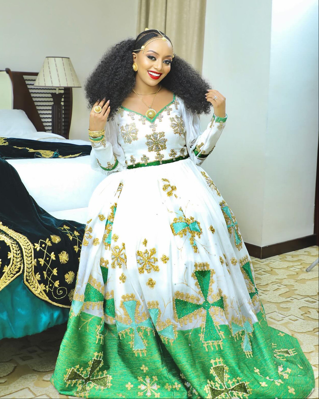 Green Woven Habesha Dress Long Puff Sleeve Habesha Kemis Traditional Ethiopian Clothing 914