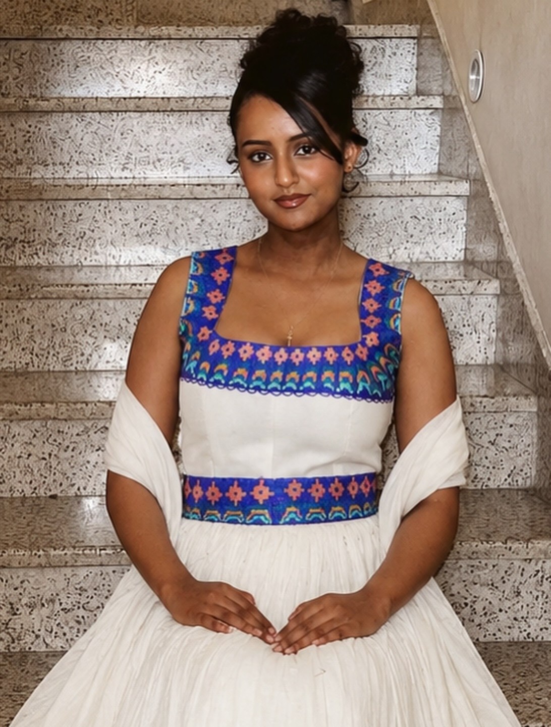 Azure Heritage Habesha Kemis Tibeb Border Ethiopian Dress & Sleeveless Silhouette 918