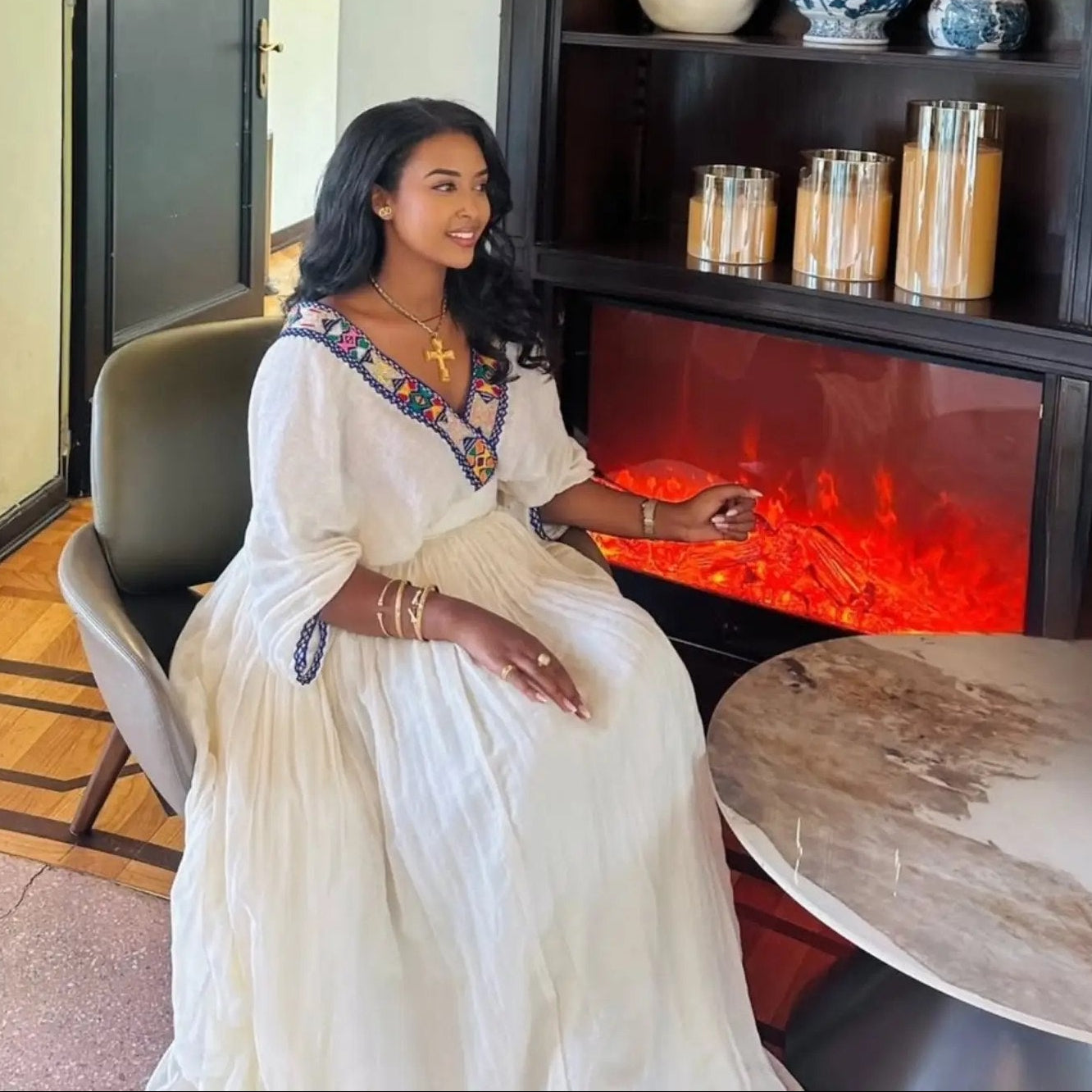 Flowing V-Neck Habesha Kemis Adorned with Ethiopian Artisan Weaving Charming Habesha Dress 921