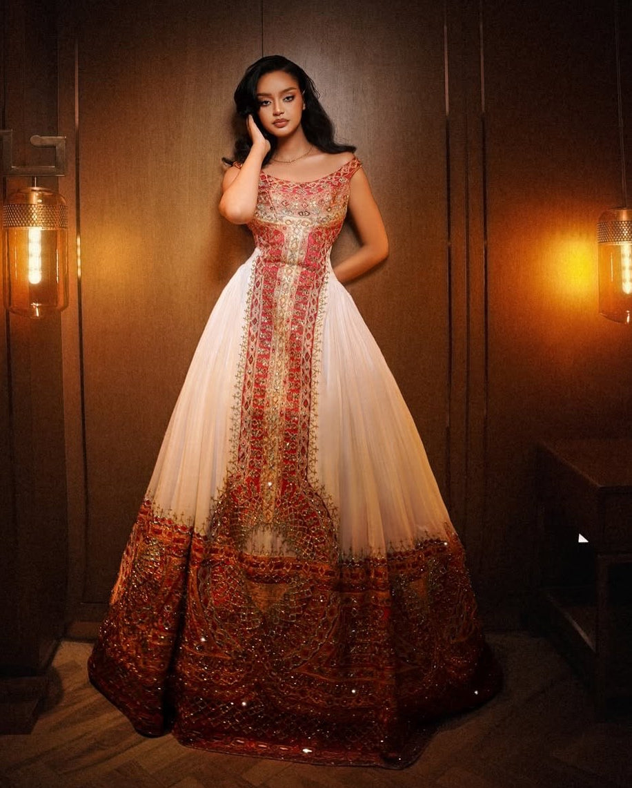 Regal Off-Shoulder Ethiopian Wedding Dress with Gold & Red Handwoven Habesha Kemis For Wedding 923