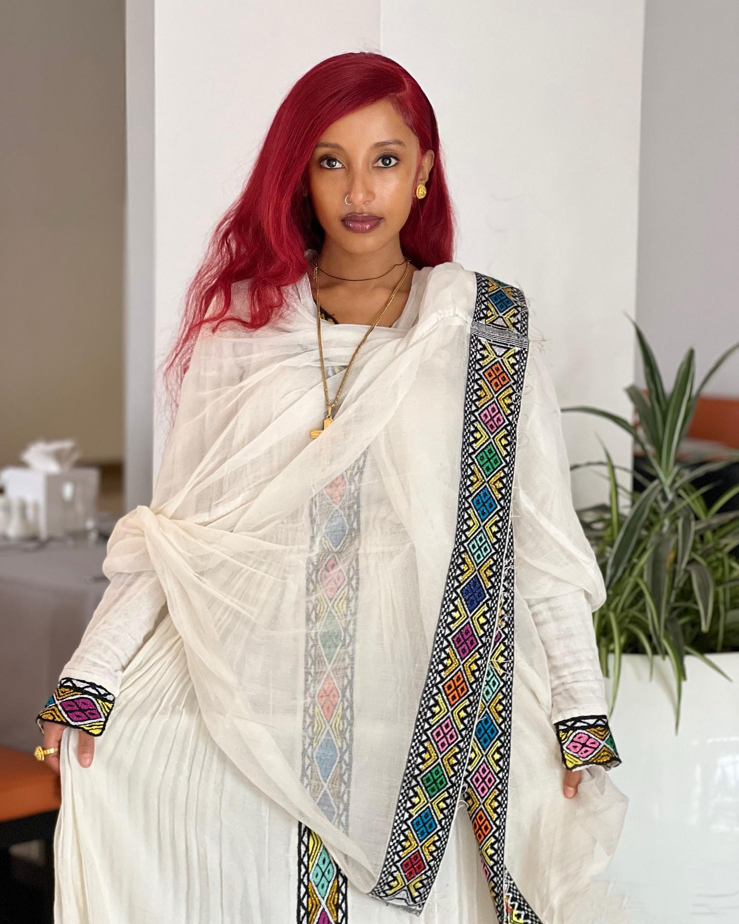 Radiant Rainbow Tibeb Habesha Kemis Ethiopian Traditional Dress Colorful Cross Embroidery Habesha Dress 925