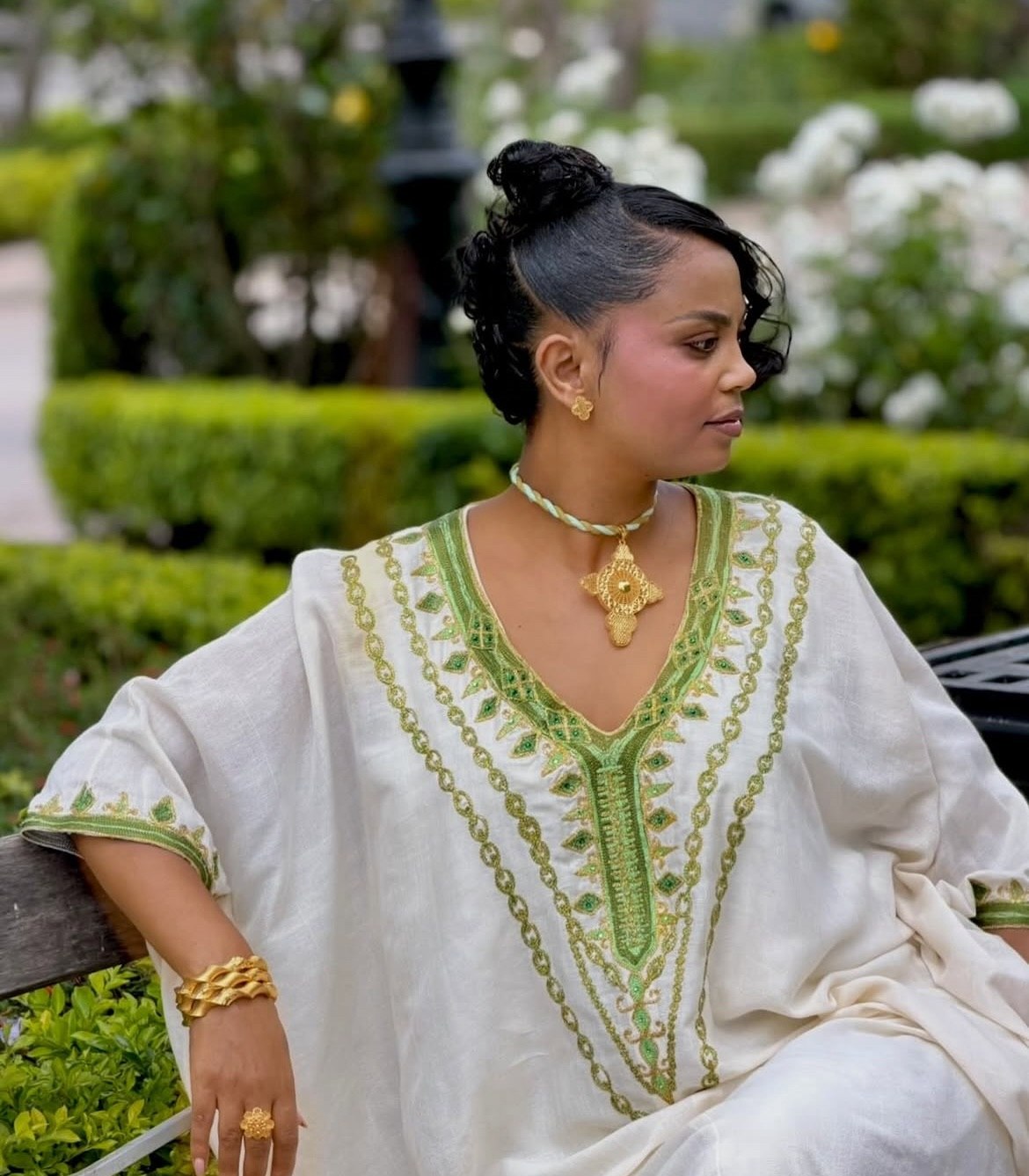 Stylish Olive Embroidered Habesha Caftan Dress Flowing Ethiopian Heritage Gown Ruffle Hem & Timeless Habesha Dress 926