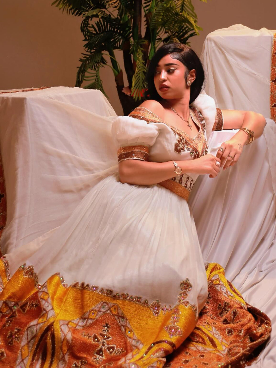 Golden Sunrise Ethiopian Dress Cultural Gown with Geometric Hem Embroidery 927