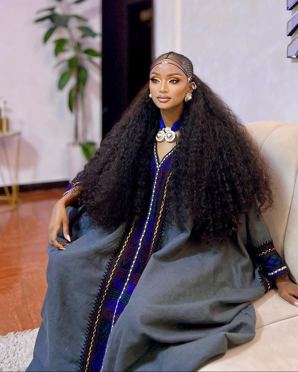 Luxurious Charcoal Gray Habesha Dress Royal Blue Geometric Embroidery Habesha Kemis With Wide Cuffs 930