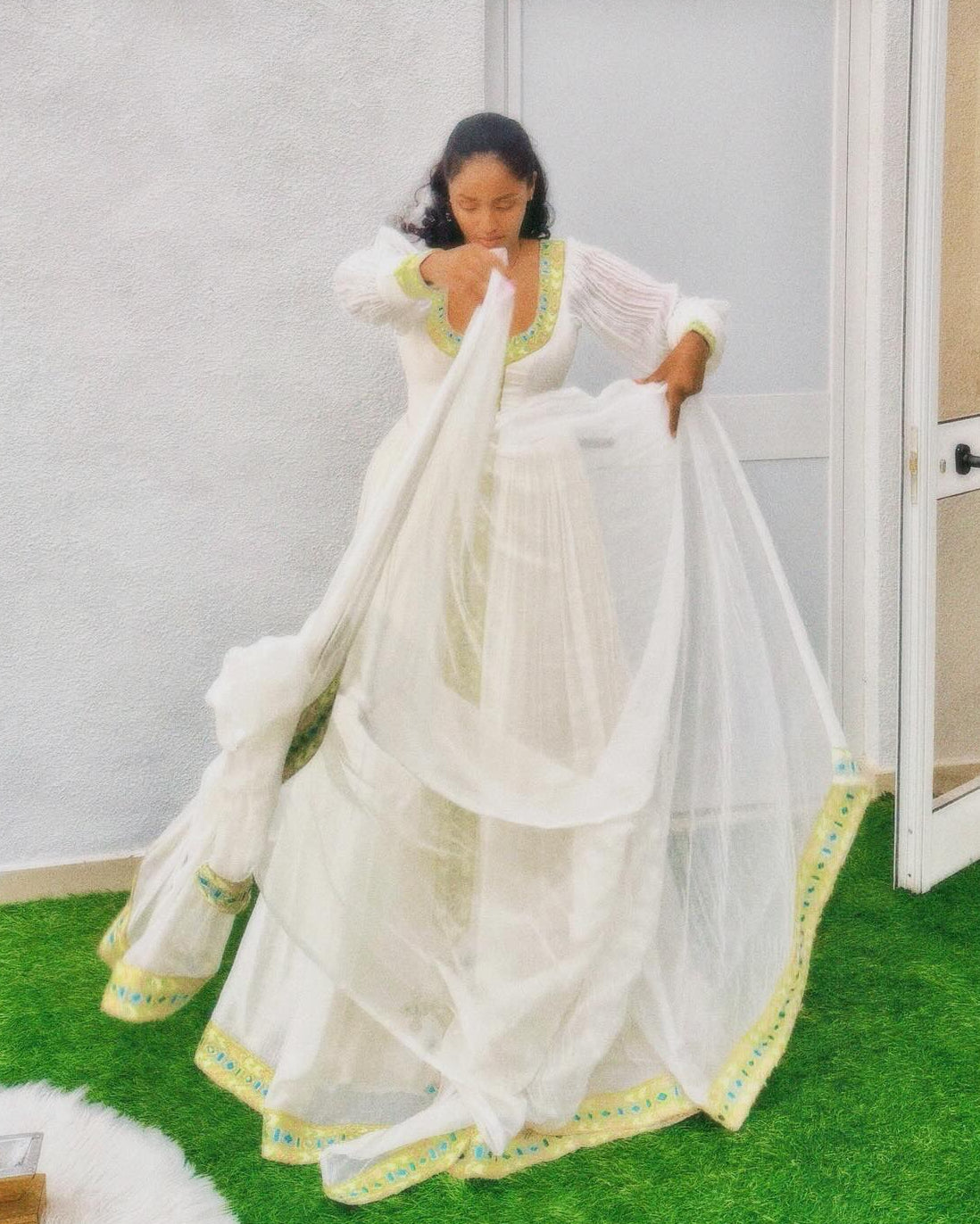 Graceful Habesha Dress Lime Green and Teal Beaded Tilf Ethiopian Dress With Netela Shawl 933
