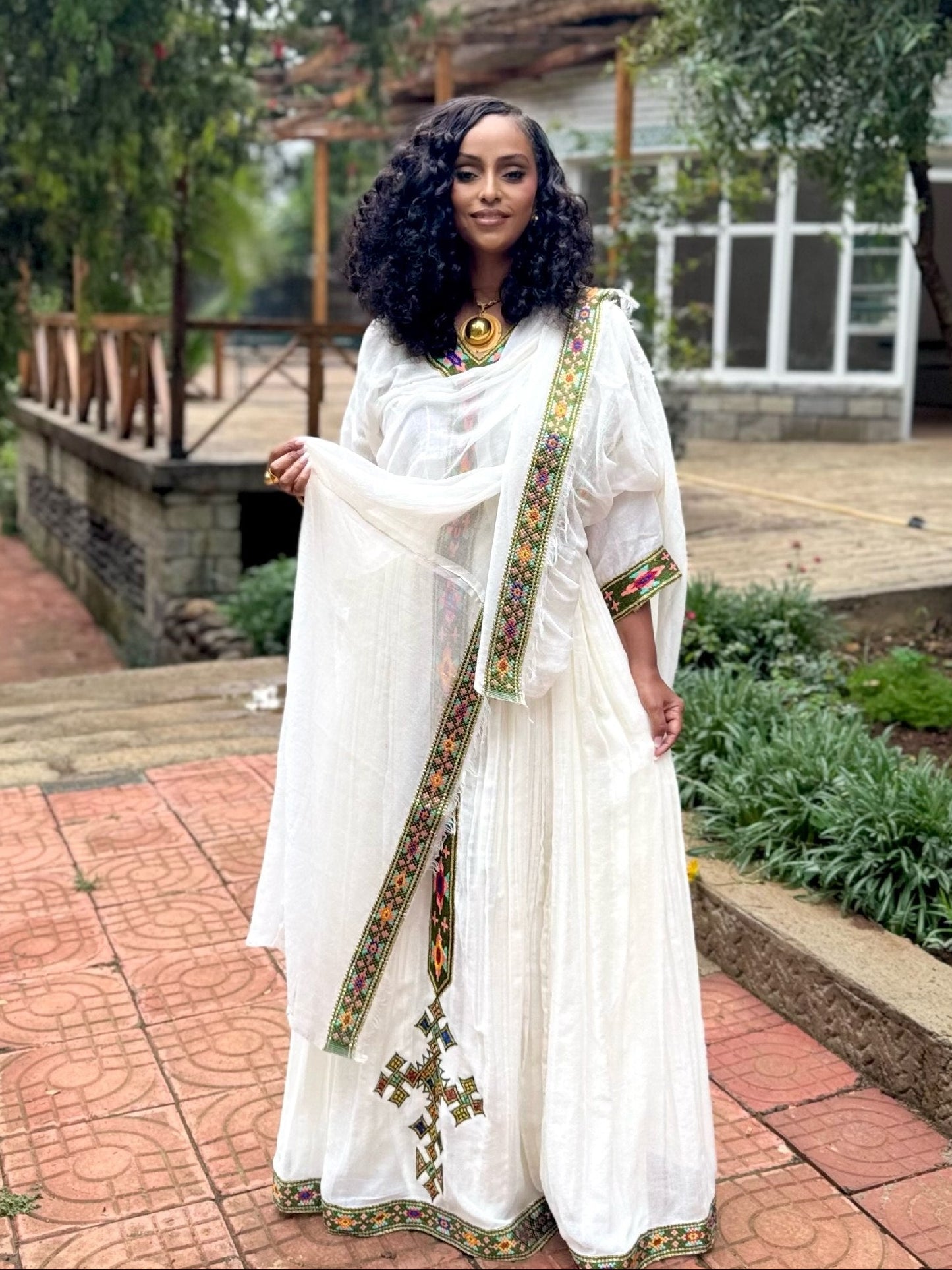 Olive Green, Fuchsia, and Orange Geometric Habesha Dress Classic Ethiopian Clothing 936