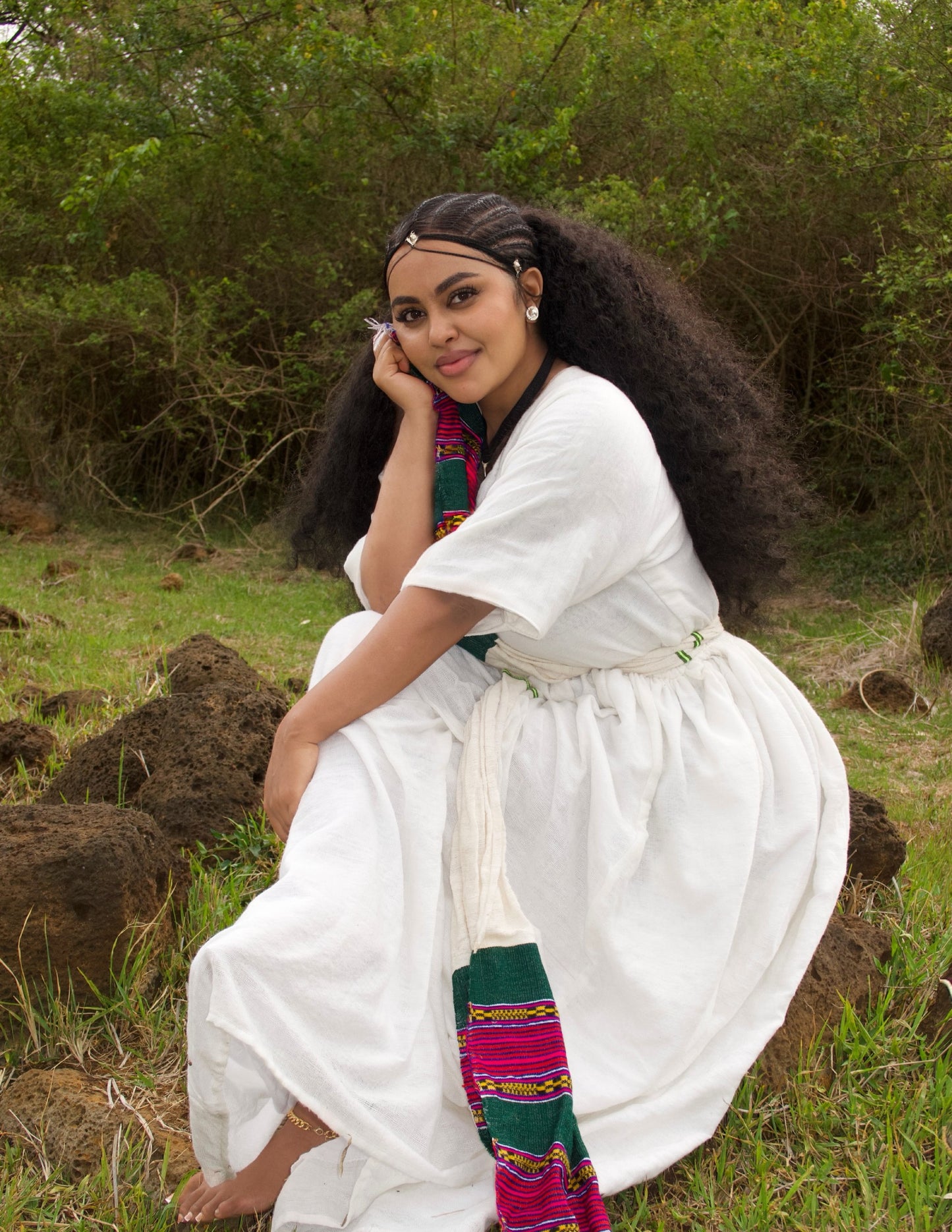 Minimalist Pure White Habesha Dress Subtle Colorful Trim Accents and Fabric Sash Belt Habesha Kemis For Event 937