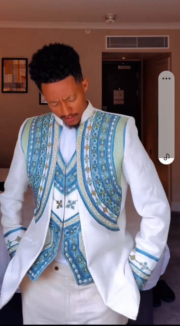 Men's Luxury 3-Piece Habesha Suit with Intricate Light Blue and Sage Green Tilf Embroidery 938