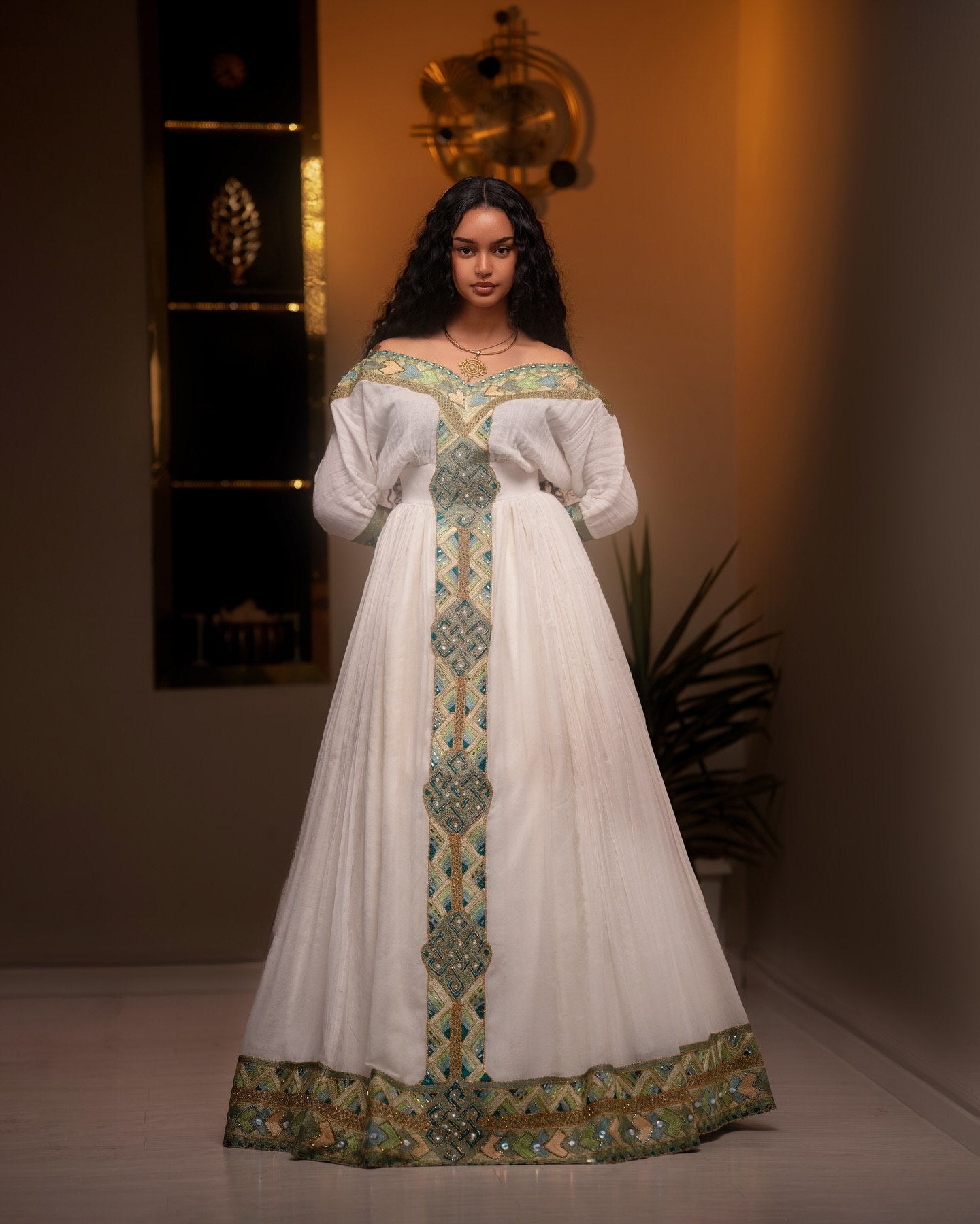 Celestial Sage Off-Shoulder Habesha Kemis Ethiopian Heritage Dress Timelss Habesha Dress 939