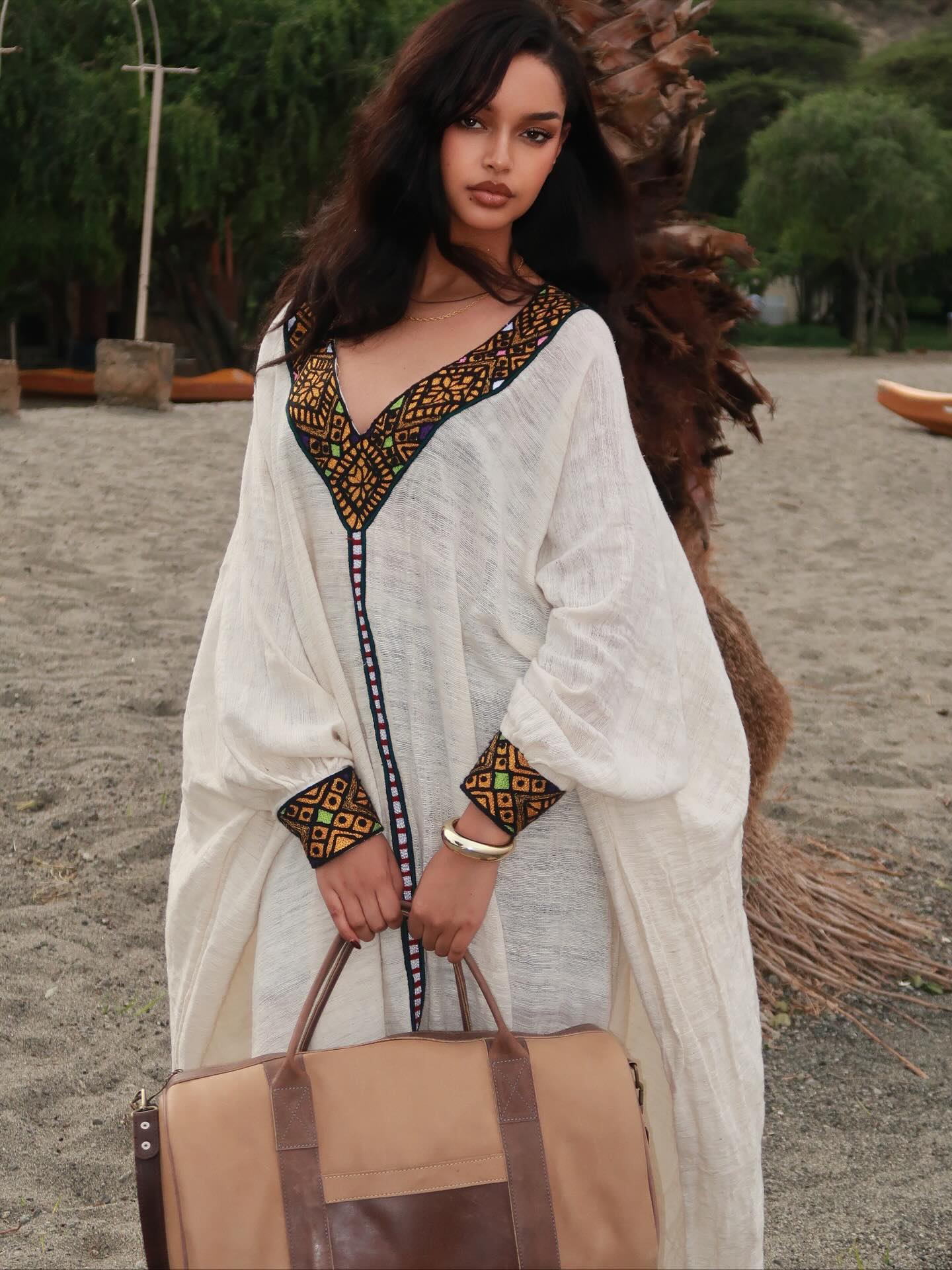 Bohemian Cream Oversized Habesha Dress Earth-Toned Orange and Green Geometric Habesha Kemis V-Neck 942
