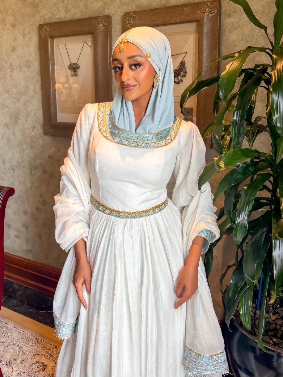 Modest Pure Habesha Dress Delicate Ice Blue and Gold Tilf Ethiopian Clothing Handcrafted Habesha Kemis 943