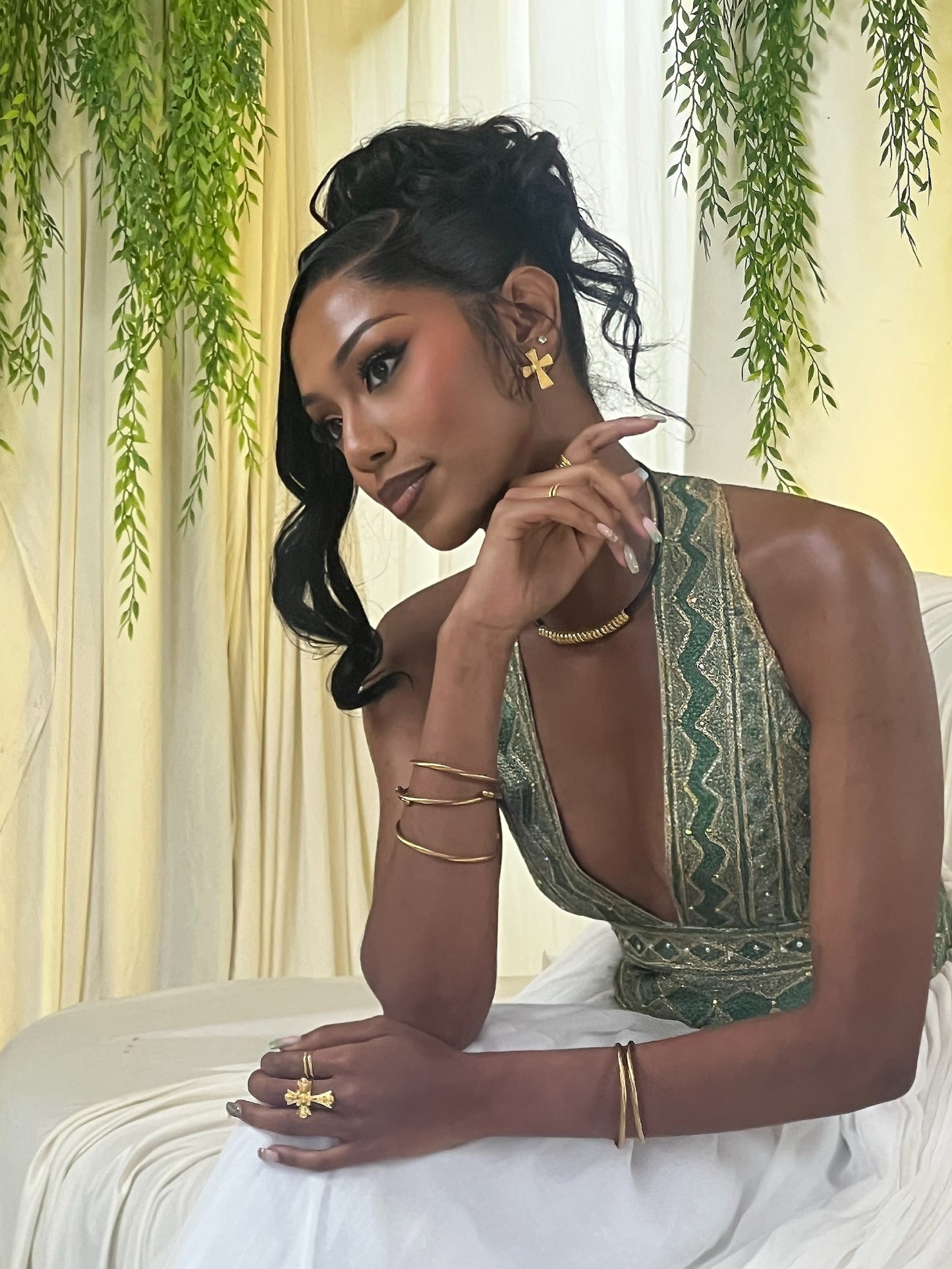 Emerald Majesty Halter Habesha Kemis Handwoven Ethiopian Heritage Gown with Regal Green Embroidery 945
