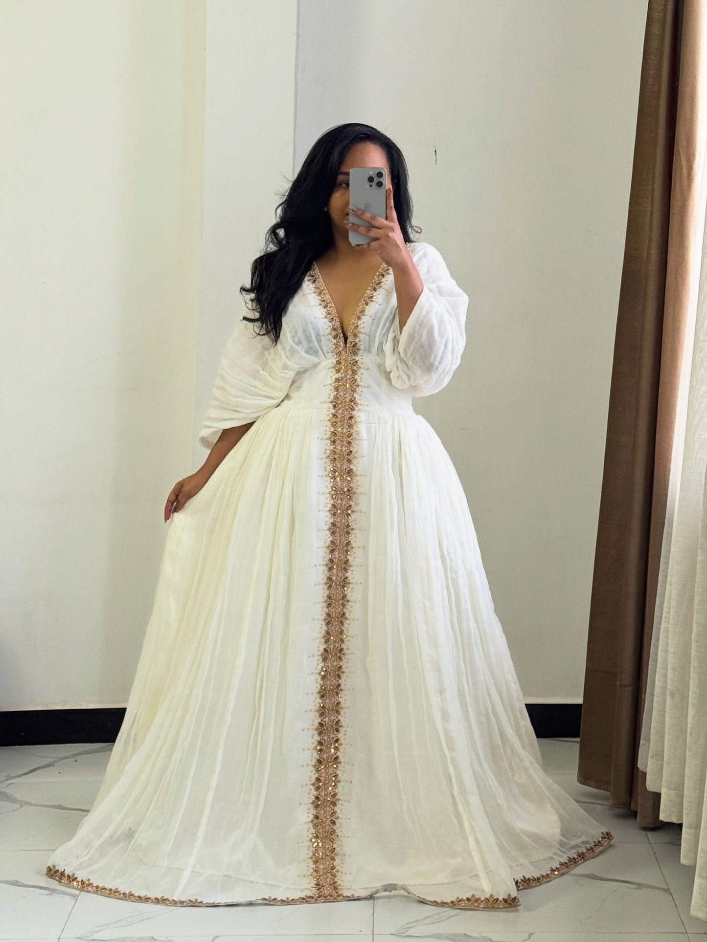 Radiant Rose Gold Embroidered Ethiopian Dress V-Neck Habesha Traditional Dress for Cultural Celebrations 946