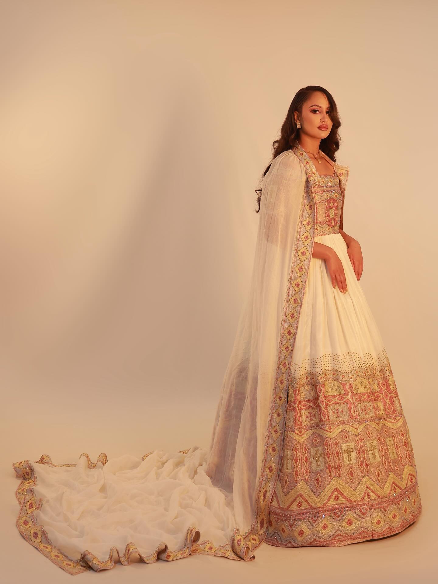 Royal Habesha Wedding Gown Pastel Rose and Gold Ornate Border Habesha Kemis With Extended Netela Train 949