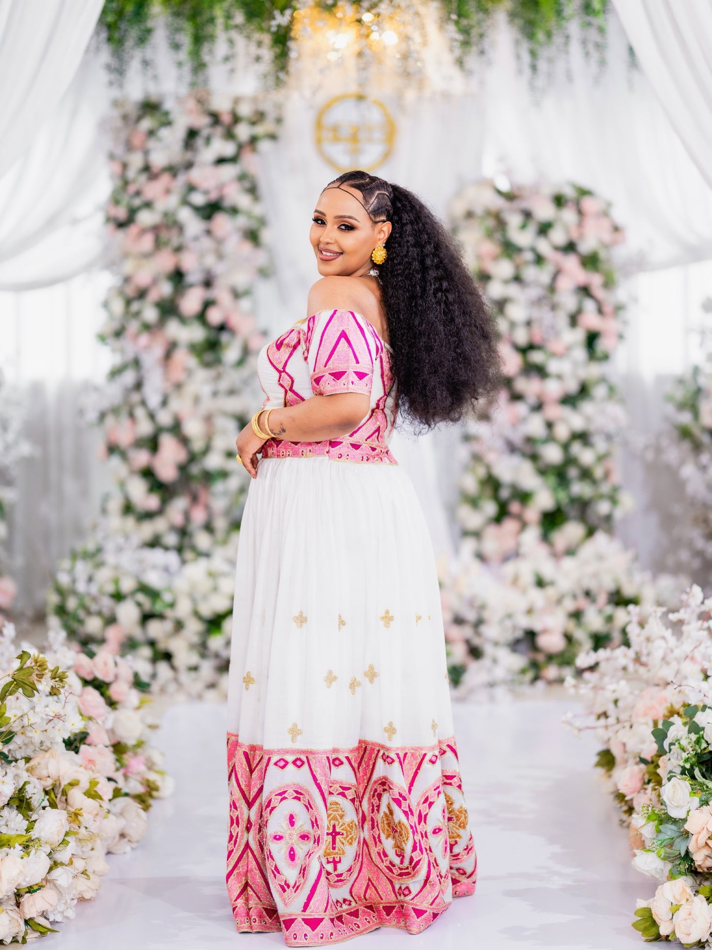 Enchanting Off-the-Shoulder Habesha Dress Radiant Magenta Pink Tilf Borders and Golden Habesha Dress 950