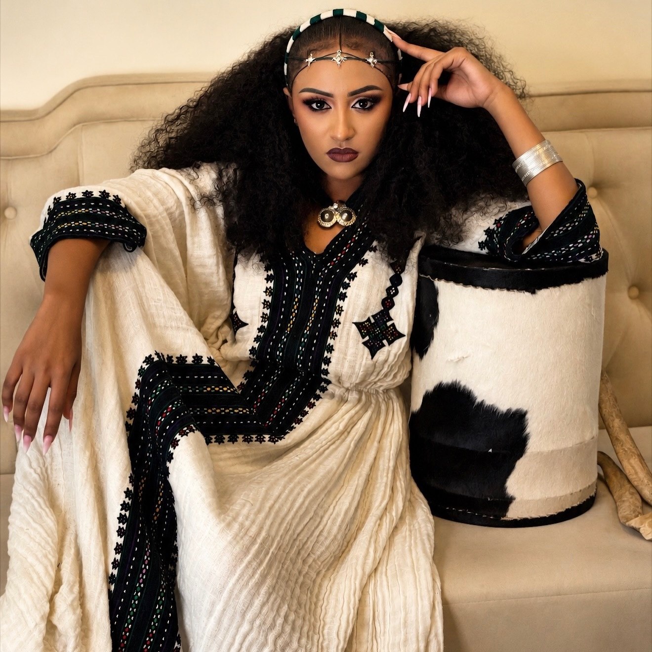 Bold Jet Black and Dark Green Geometric Habesha Dress Charming Habesha Kemis For Events 952