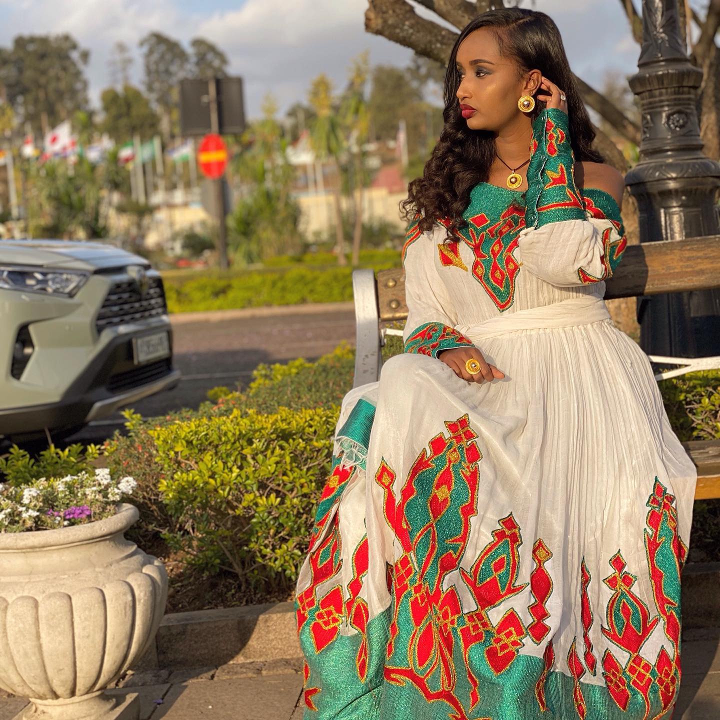 Emerald Mosaic Habesha Kemis Off-Shoulder Traditional Ethiopian Dress for Women Authentic Habesha Dress 956