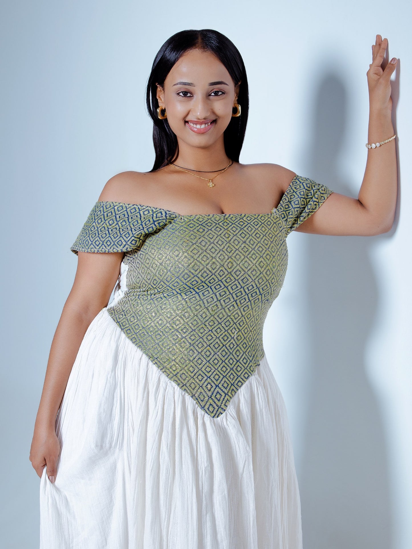 Sage Corset Habesha Kemis for Women Off-Shoulder Traditional Ethiopian Dress Handwoven Cultural Celebration Outfit 957