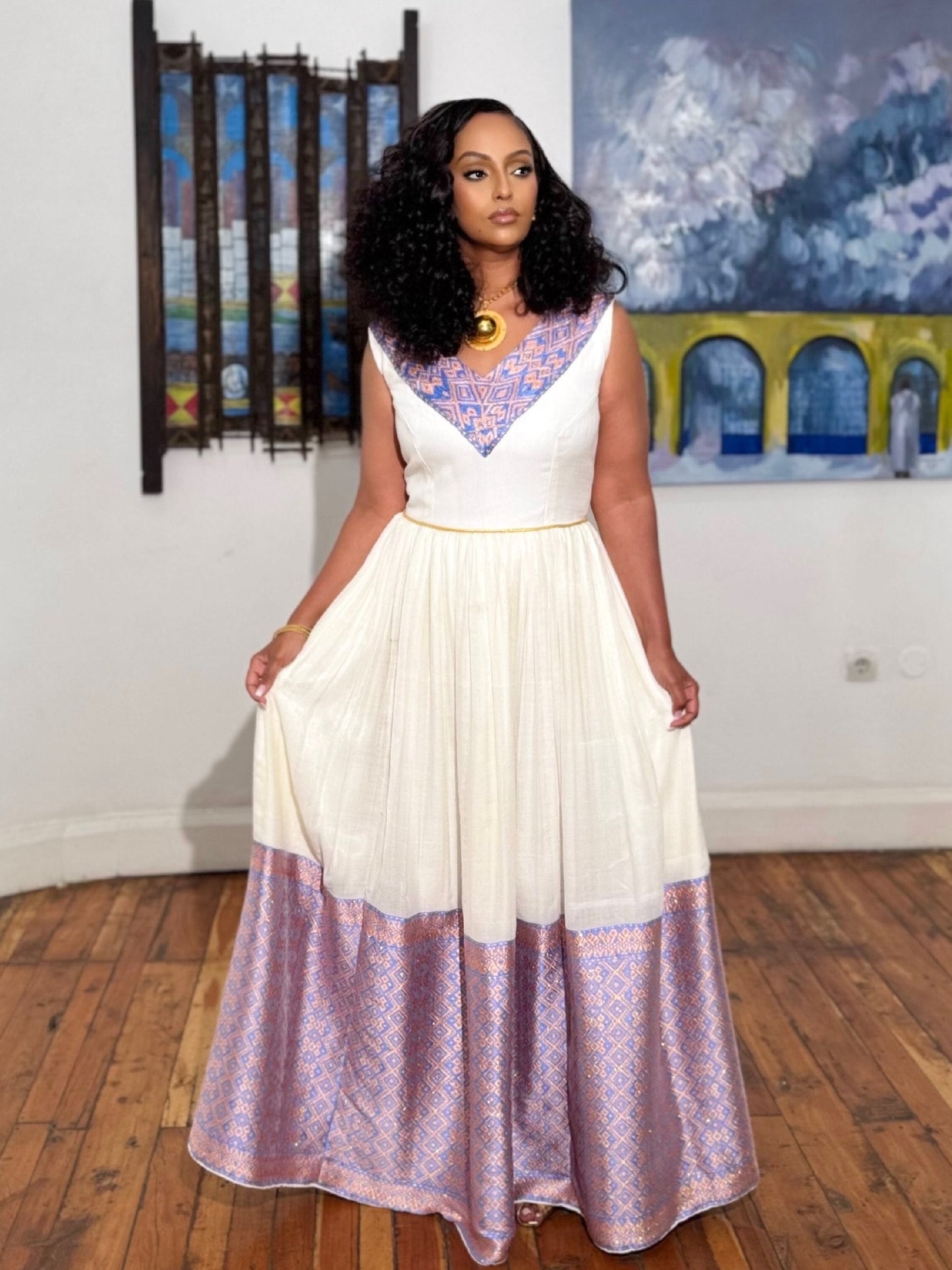 Graceful Lavender Accent Habesha Kemis Sleeveless Ethiopian Traditional Dress with Flowing Cotton Skirt 959