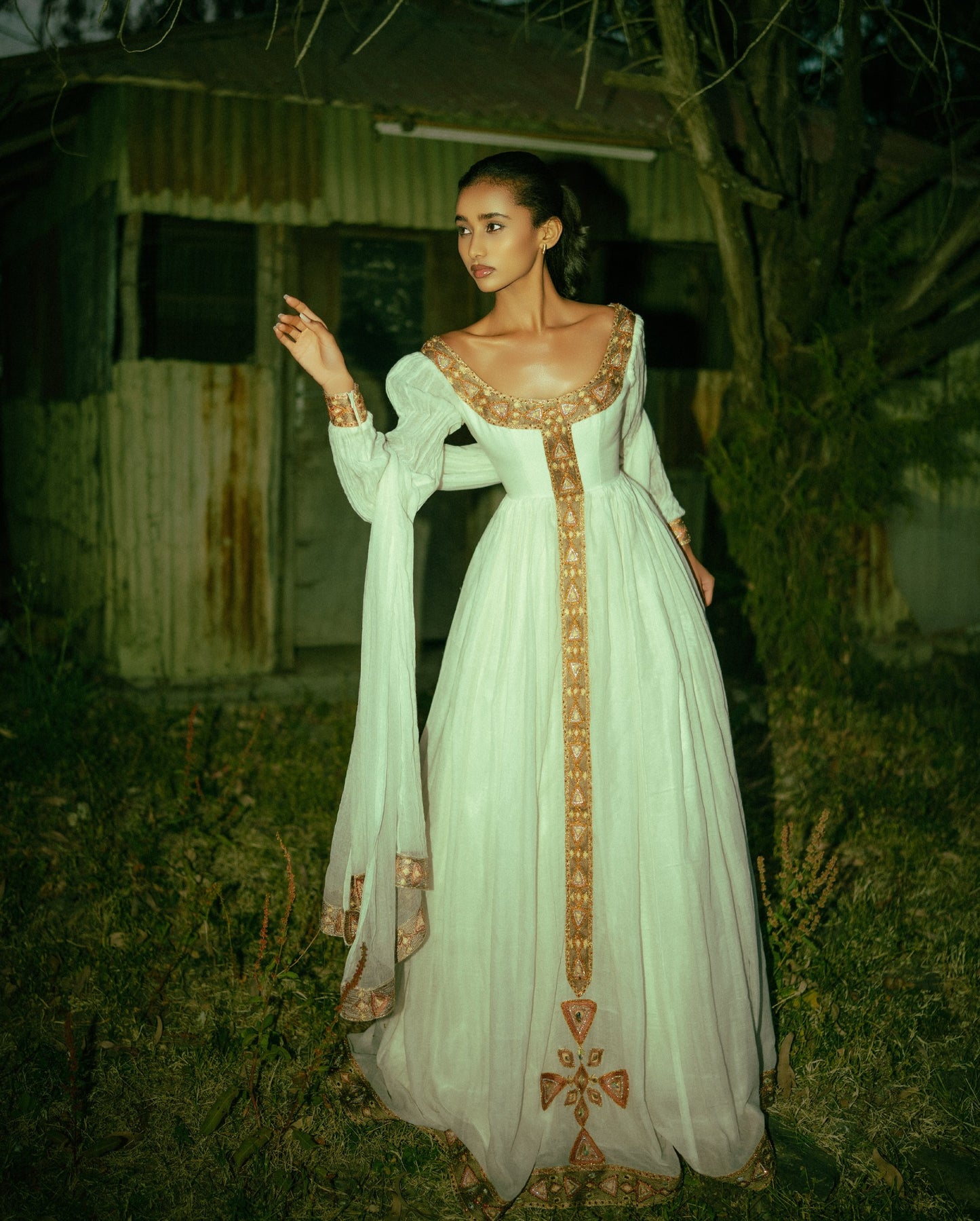 Regal Habesha Dress with Antique Gold Embroidery Elegant Heritage-Inspired Ethiopian Dress 964