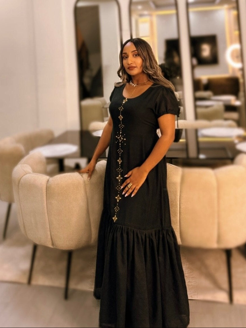 Sophisticated Black Ethiopian Cultural Dress with Gold Embellishments Authentic Habesha Dress For Event 966