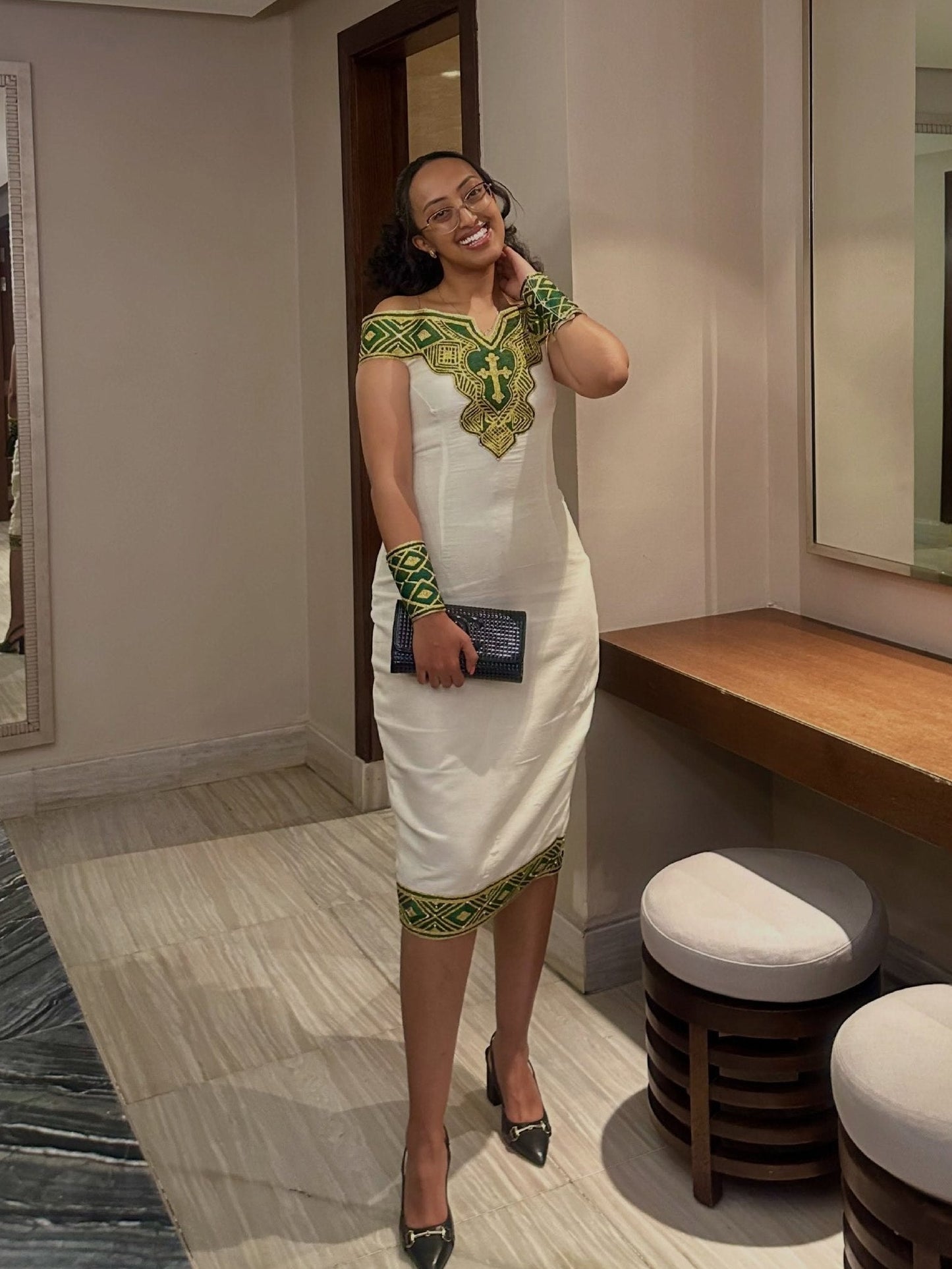 Sophisticated Green Embroidered Ethiopian Cocktail Attire Contemporary Habesha Dress For Celebrations 968