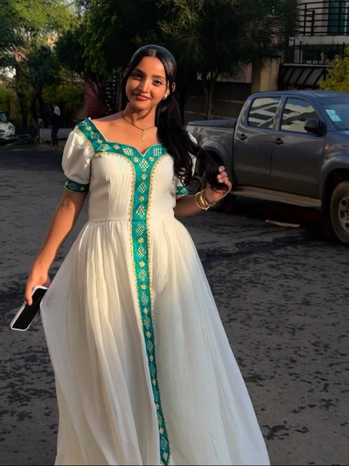 Delightful Cream Habesha Kemis Vibrant Emerald Green and Golden Ethiopian Dress habesha Kemis 976