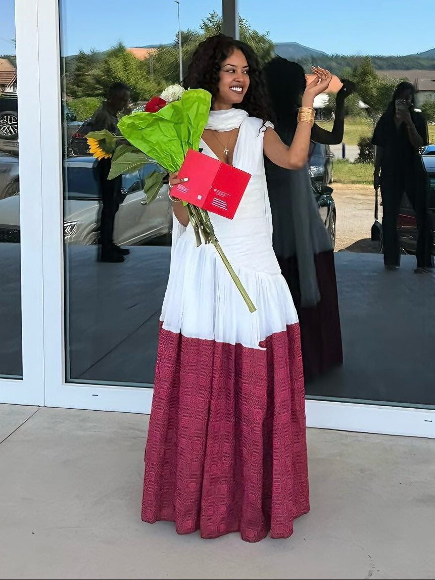 Burgundy Ethiopian Dress Modern Habesha Traditional Dress with Contemporary Style 982