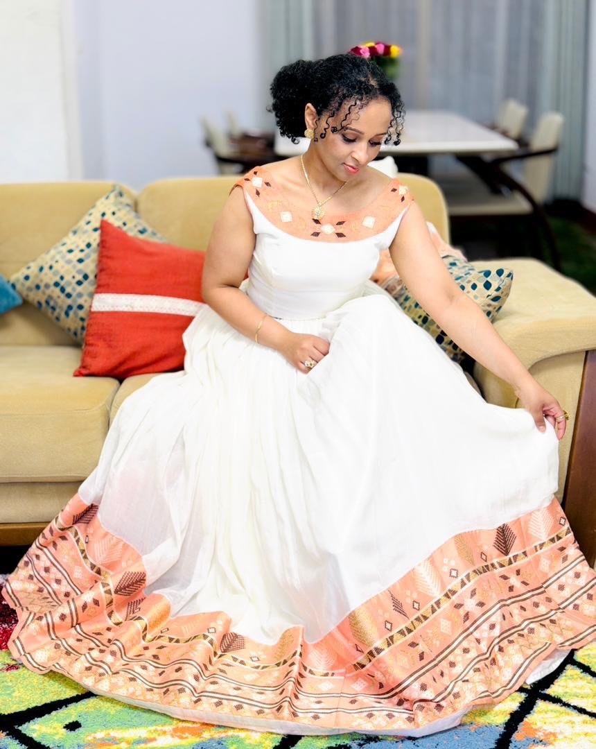 Graceful Off-Shoulder Habesha Dress Soft Peach and Bronze Geometric Diamond Ethiopian Clothing 984