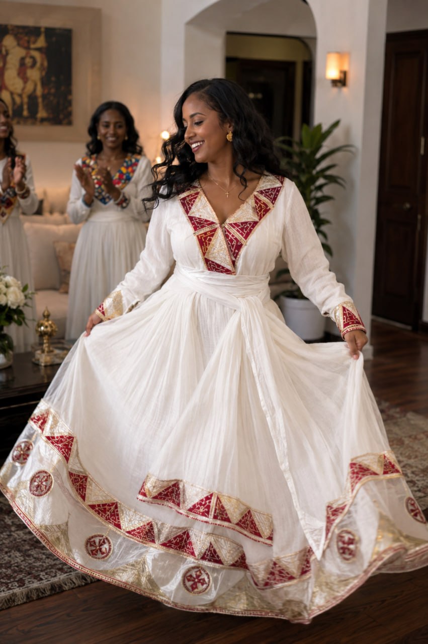 V-Neck Habesha Dress Crimson Burgundy and Gilded Geometric Triangle Ethiopian Traditional Dress 985