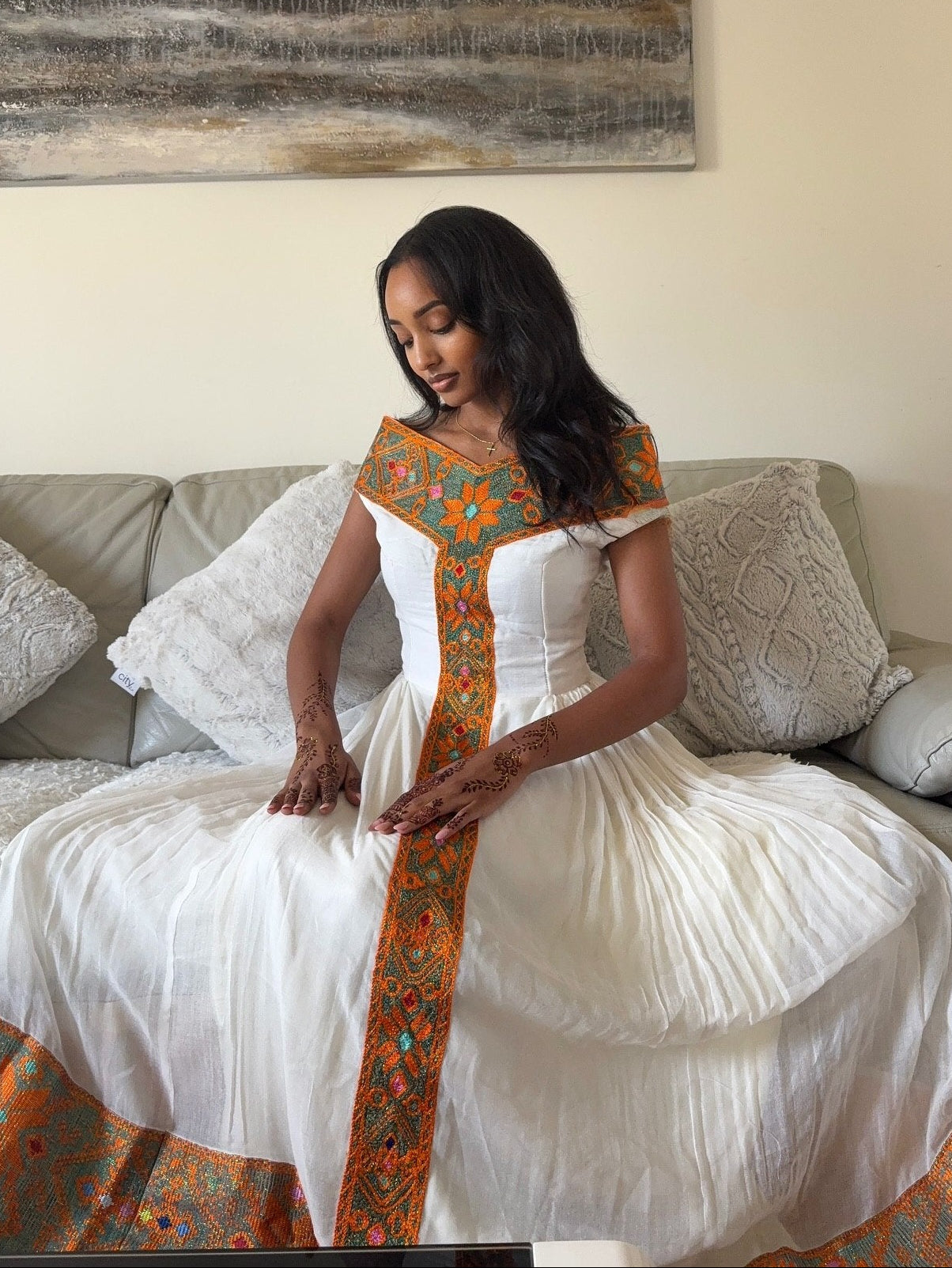 Luxury Handcrafted Habesha Kemis Vibrant Amber Woven Ethiopian Clothing Timeless Cultural Style 988
