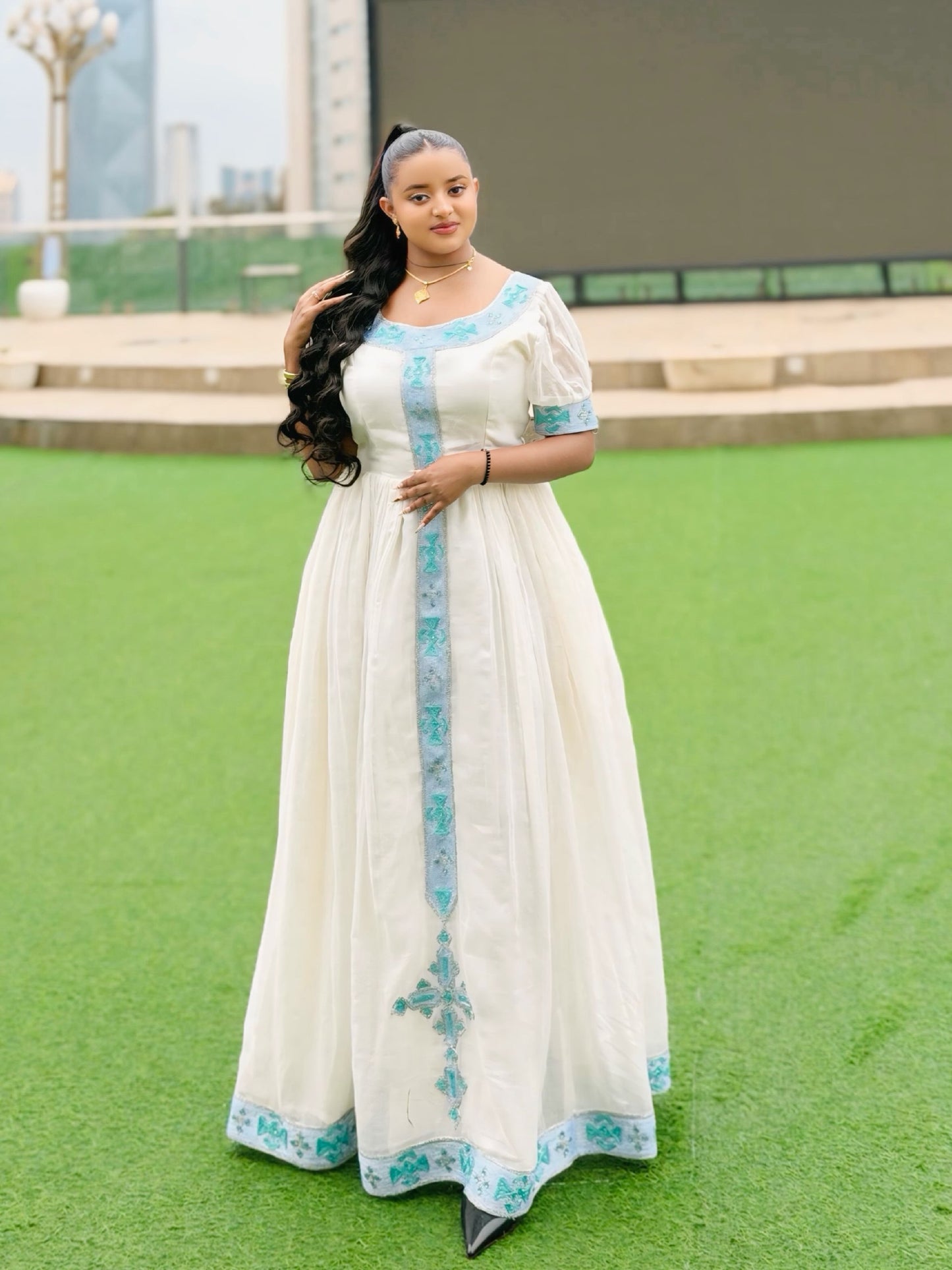 Serene Habesha Kemis with Sky Blue Tilf Trim Habesha Dress Silhouette, and Traditional Ethiopian Clothing 990