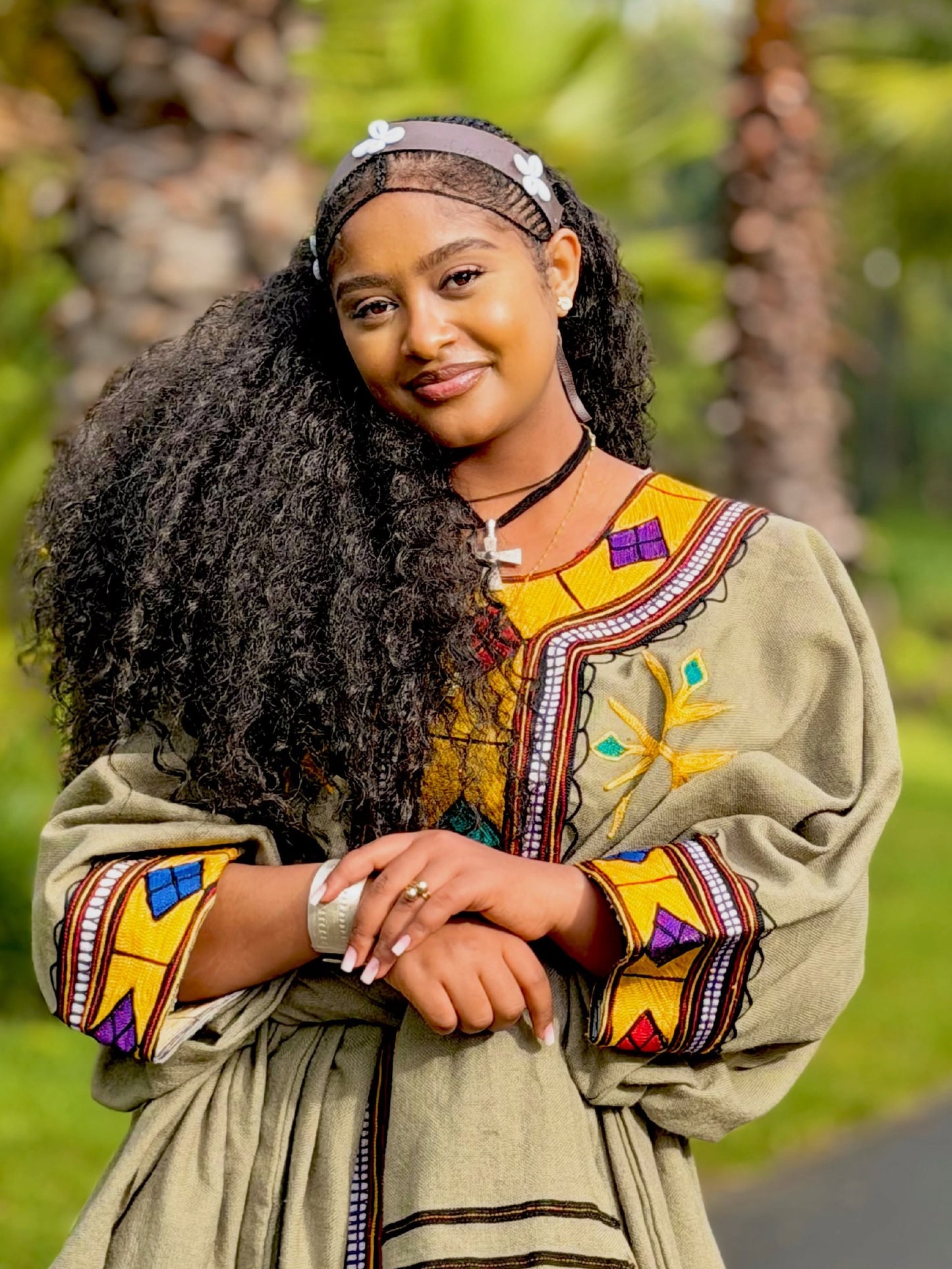 Earthy Olive Green Habesha Kemis Bold Yellow and Turquoise Diamond Habesha Dress and Belted Ethiopian Clothing Shawl 992