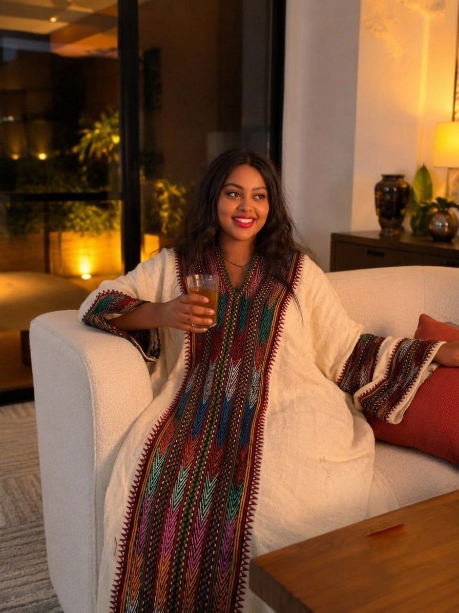 Luxurious Habesha Kemis Bold Multicolored Chevron Tilf Bodice Habesha Dress Handcrafted Ethiopian Clothing 993