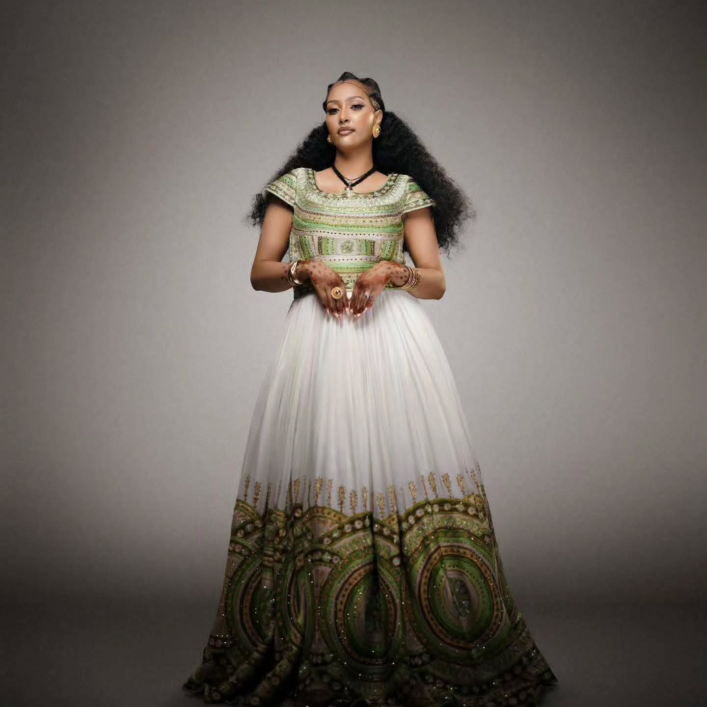 Regal Green Habesha Kemis Circular Embroidery Ethiopian Traditional Wedding Dress for Cultural Celebrations 995