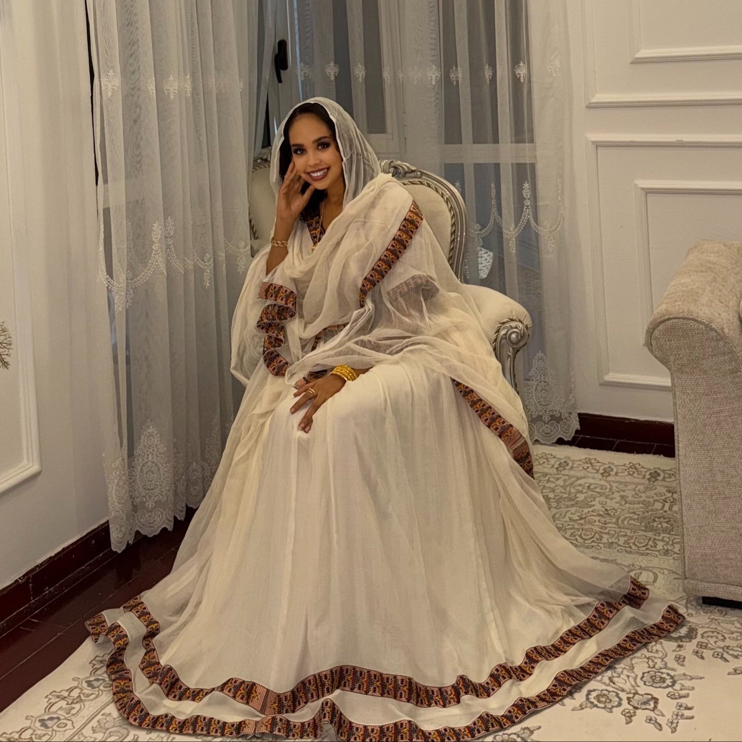 Graceful Ethiopian Dress with Handwoven Border and Netela Timeless Habesha Kemis Outfit 996
