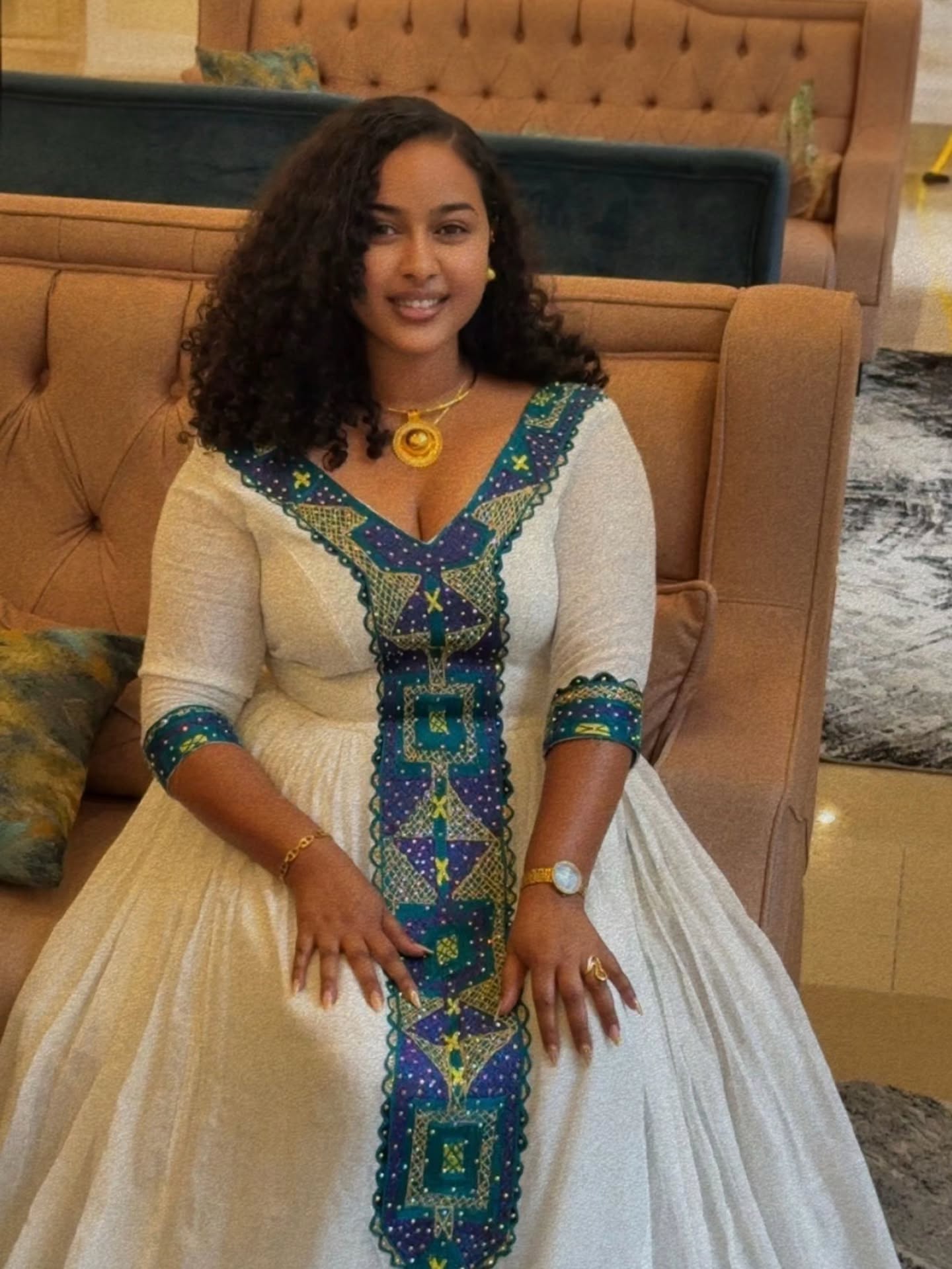 Elegant Teal Embroidered Habesha Kemis Cross Motif Habesha Dress for Timeless Cultural Celebrations 997