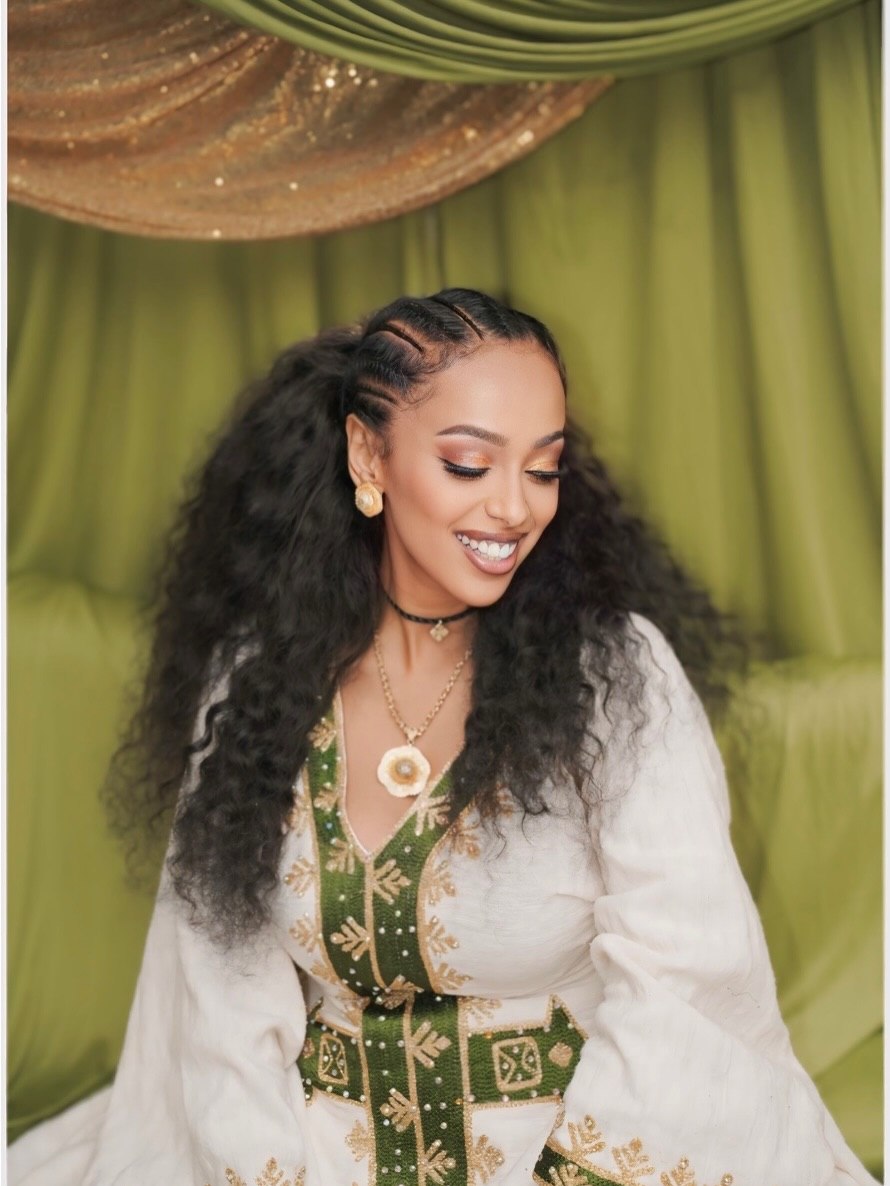 Pure Ivory Habesha Kemis Forest Green and Gold Leaf Motif Embroidery Ethiopian Clothing 999