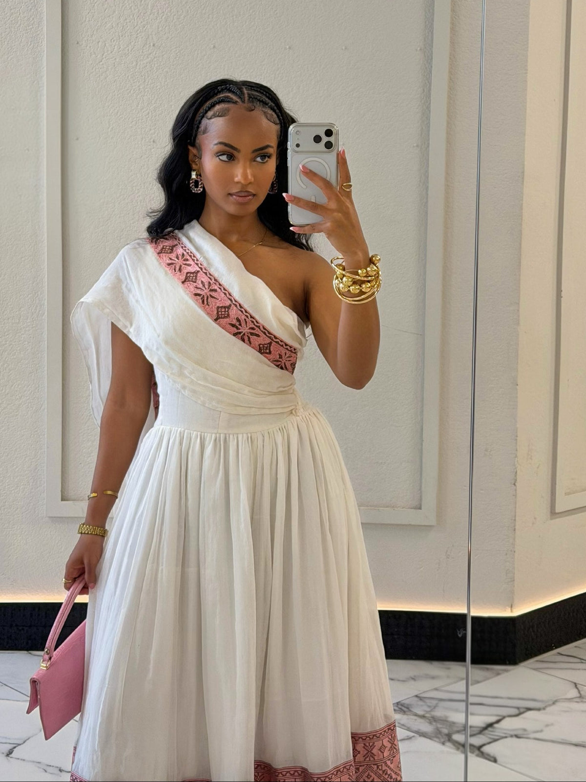 One-Shoulder Pink Embroidered Habesha Kemis Elegant Ethiopian Dress For Cultural Celebrations 1003