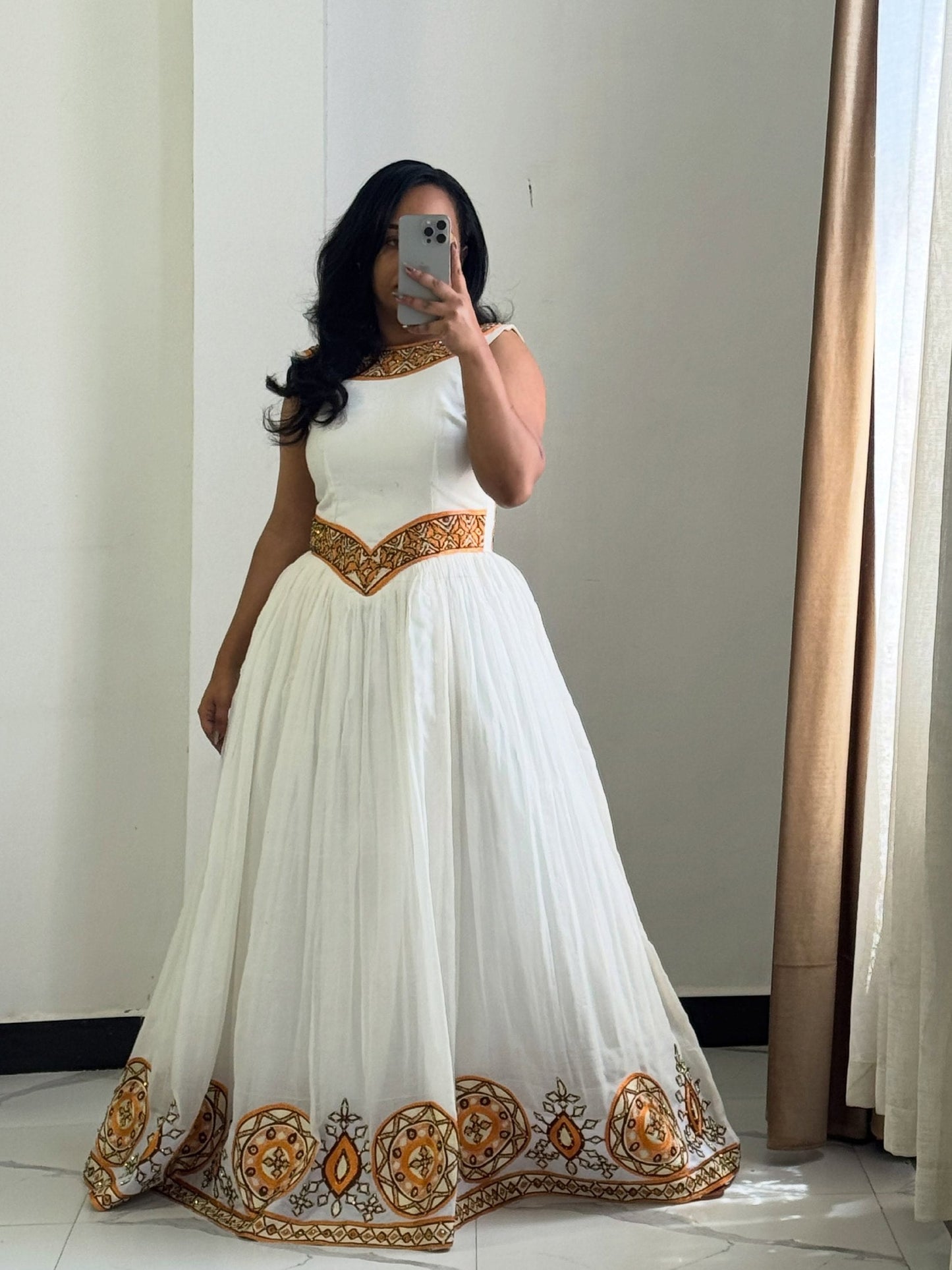 Graceful Gold Embroidered Sleeveless Habesha Kemis Habesha Dress For Cultural Celebrations 1004